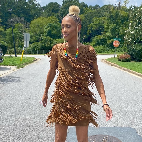 All Saints leather suede fringe flapper dress S XS UK10 2/4US brown gogo western - Picture 3 of 11